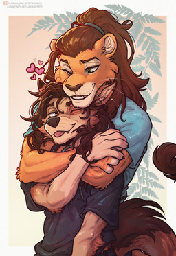 anthro blep bracelet clothing cuddling duo female fingers fluffy hair hand_holding hug jewelry long_hair male male/female necklace one_eye_closed smile tongue tongue_out spiritd eddy_(edesk) maite_(elcondedeleon) canid canine felid fox lion mammal pantherine 2026 digital_media_(artwork) hi_res trans_(lore) trans_woman_(lore)