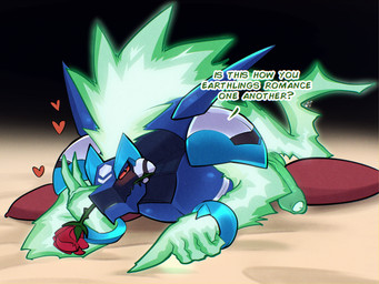 5_fingers anthro armor balls bedroom_eyes biped blue_armor blush blush_lines closed_smile cybernetics darkened_balls darkened_genitalia darkened_penis dialogue electricity erection fingers flower flower_in_mouth fog_legs genitals glans green_body green_glans green_text half-closed_eyes hand_on_face hand_on_own_face heart_symbol humanoid_genitalia humanoid_hands humanoid_penis jagged_mouth light_glans looking_at_viewer lying machine male mouth_closed narrowed_eyes no_irises non-mammal_balls non-mammal_foreskin on_front penis pillow plant red_pillow red_rose red_sclera rose_(flower) rose_in_mouth seductive simple_background smile smiling_at_viewer solo talking_to_viewer text vein veiny_penis yellowluster capcom mega_man_(series) mega_man_star_force omega-xis alien cyborg electricity_creature elemental_creature em_being monster 2026 colored colored_line_art digital_drawing_(artwork) digital_media_(artwork) english_text hi_res shaded