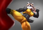 abs anthro athletic athletic_female black_body black_fur breasts female fur kick muscular muscular_anthro muscular_female punching_bag solo razzberryboat liz_(mykegreywolf) badger mammal mustelid musteline