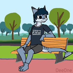 anthro bench bottomwear clothing detailed_background grass male on_bench outside plant shark_tail shirt shorts sitting sitting_on_bench solo t-shirt topwear tree deeone kyle_r._fish aquatic domestic_cat felid feline felis fish hybrid mammal shark 1:1