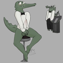 4_toes anthro balls barefoot big_bulge big_penis blush bottomless bow_tie bulge clothed clothing erection erection_under_clothing feet furniture genitals green_body green_scales grey_background interlocked_fingers looking_up male non-mammal_balls penis scales simple_background sitting solo stool tail teeth tenting toes translucent translucent_clothing translucent_topwear hallowmob later_alligator pillowfight smallbu bub_(later_alligator) alligator alligatorid crocodilian reptile scalie 1:1 2025 absurd_res digital_media_(artwork) hi_res reference_image signature