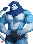 abs anthro areola barazoku biceps big_muscles big_pecs black_clothing black_underwear blue_body blue_fur boxers_(clothing) boxers_only clothed clothing fur glistening glistening_biceps glistening_body glistening_pecs huge_muscles huge_pecs huge_thighs male mane manly muscular muscular_anthro muscular_arms muscular_legs muscular_male muscular_thighs navel nipples pecs solo sparkles tail thick_arms thick_thighs topless underwear underwear_only kaysuoae felid lion mammal pantherine 3:4 absurd_res hi_res