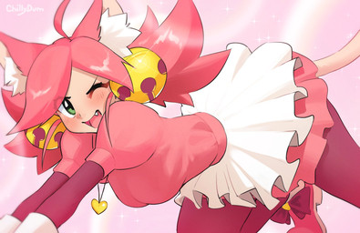 ahoge all_fours animal_ears biped blush bottomwear breasts clothed clothed_female clothed_humanoid clothing cute_fangs eye_through_hair fangs female footwear fully_clothed fully_clothed_female fully_clothed_humanoid gloves hair handwear heart_necklace inner_ear_fluff legwear light_body light_skin one_eye_closed open_mouth pink_background pink_clothing pink_hair pink_topwear shoes simple_background skirt solo tail teeth tights topwear translucent translucent_hair tuft white_bottomwear white_clothing white_gloves white_handwear white_skirt chillydum deltarune undertale_(series) mew_mew_(undertale) pink_(deltarune) animal_humanoid cat_humanoid felid felid_humanoid feline feline_humanoid humanoid mammal mammal_humanoid 2026 hi_res