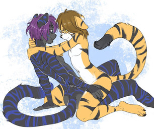 anthro black_body black_fur black_nose black_stripes blue_stripes brown_hair duo eyewear fur glasses hair kneeling male male/male orange_body orange_fur paws purple_hair sitting smile straddling striped_body striped_fur stripes gimka minime_jones raven_darkfur felid mammal pantherine tiger 2020 digital_media_(artwork)