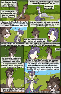 angry anthro black_body black_fur black_hair black_nose dialogue dipstick_tail duo eyes_closed feet fingerless_(marking) fur grass hair jewelry male markings necklace open_mouth outside plant profanity purple_body purple_fur purple_nose shrub tail tail_markings text toeless_(marking) water whiskers yellow_eyes fuf flash_(fuf) flint_(fuf) mammal mink mustelid musteline otter true_musteline weasel 2025 absurd_res comic english_text hi_res