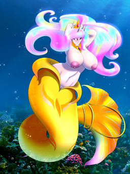 anthro areola big_breasts blue_highlights breasts bubble crown eyeshadow female gem genitals glistening glistening_breasts gold_(metal) gold_jewelry green_highlights hair hands_behind_head headgear highlights_(coloring) horn jewelry looking_at_viewer makeup mermaid_tail multicolored_hair narrowed_eyes navel necklace nipples nude photo_background pink_eyeshadow pink_hair scales small_waist solo sparkles sparkling_hair split_form tail tiara underwater vulva water white_body wide_hips yellow_body yellow_scales yellow_tail blueondrive friendship_is_magic hasbro my_little_pony mythology princess_celestia_(mlp) ambient_coral ambient_sealife aquatic equid equine mammal merfolk mythological_creature mythological_equine unicorn 3:4 absurd_res hi_res mixed_media photography_(artwork)