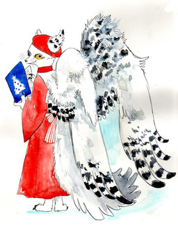 ambiguous_gender anthro biped clothed clothing feathered_wings feathers fur hand_fan hat headgear headwear looking_at_viewer looking_back simple_background solo standing tail white_background white_body white_fur wings yellow_eyes kyokyota avian bird canid canine felid feline felis fox hybrid mammal 2015 painting_(artwork) traditional_media_(artwork) watercolor_(artwork)
