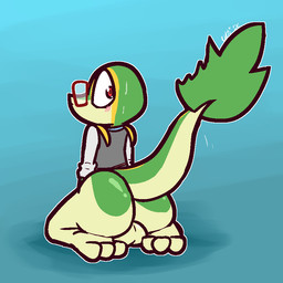3_toes anthro backsack balls big_balls big_butt blush bodily_fluids bottomless butt clothed clothing feet genitals green_balls green_body green_scales grey_clothing grey_shirt grey_topwear grey_vest kneeling looking_back male markings pupils raised_tail rear_view red_eyes red_pupils scales shirt solo sweat tail toes topwear vest yellow_body yellow_markings yellow_scales ultilix nintendo pokemon willow_(obscoore) generation_5_pokemon pokemon_(species) snivy 1:1 2026
