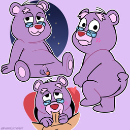 anthro balls blush duo erection eyewear genitals glasses heart_symbol male male/male mature_male night oral penis purple_body sitting slightly_chubby solo solo_focus fabricationist disney gummi_bears zummi_gummi bear mammal 1:1 2026 hi_res