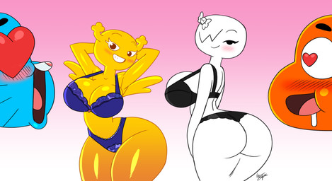 accessory antlers big_breasts big_butt black_clothing black_panties black_underwear blue_clothing blue_panties blue_underwear blush bodily_fluids breasts butt clothing drooling female glistening glistening_body gradient_background group hair hair_accessory hair_over_eye hairpin hands_behind_head heart_eyes heart_symbol horn looking_at_viewer male male/female panties pose presenting saliva simple_background smile teasing thick_thighs underwear whiskers wide_hips aeolus06 cartoon_network the_amazing_world_of_gumball carrie_krueger darwin_watterson gumball_watterson penny_fitzgerald fairy felid feline fish ghost mammal marine spirit hi_res signature