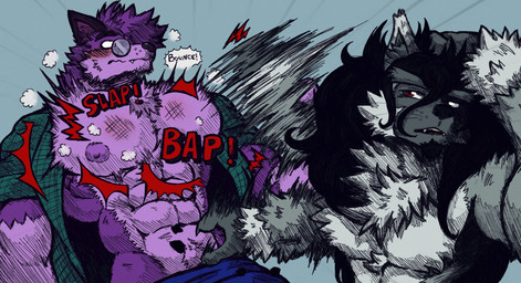 abs anthro areola arm_tuft barazoku big_muscles big_pecs biped black_fur_markings black_hair black_nose blush bodily_fluids bottomwear breath chest_tuft clothed clothing collared_shirt confusion curly_hair dipstick_ears duo ear_markings ear_tuft elbow_tuft embarrassed eyebrows eyes_closed eyewear facial_hair facial_tuft flannel_shirt fluffy fluffy_body fluffy_tail food fur glasses goatee grey_body grey_fur grey_hair groping_chest hair hairy hand_on_head hitting huge_pecs humiliation leg_tuft long_hair long_tail male male/male male_anthro meat motion_lines multicolored_body multicolored_ears multicolored_fur multicolored_hair muscular muscular_anthro muscular_male neck_tuft nipples open_clothing open_topwear panting pants partially_clothed pec_grab pecs purple_body purple_fur red_eyes shirt simple_background slap standing sweat tail teeth text thick_eyebrows topwear tuft white_body white_fur jwbash mythology naoya_hair_flip canid canine canis lemur mammal mythological_canine mythological_creature primate ring-tailed_lemur strepsirrhine werecanid werecanine werecreature werewolf wolf 2026 absurd_res hatching_(art) hi_res meme shaded