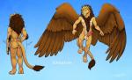 anthro balls biped blue_eyes brown_body brown_fur erection feathered_wings feathers fur hair male nude penis simple_background smile solo wings tsaiwolf rakeesh felid lion mammal pantherine