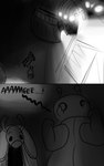 2_horns 2_panel_comic ambiguous_gender bench biped black_eyes black_text building clothed clothing duo ellipsis emphatic_ellipsis glowing horn male mouth_closed on_bench outside sitting sitting_on_bench standing text skeletorskeletonized hollow_knight team_cherry bretta_(hollow_knight) elderbug_(hollow_knight) arthropod beetle insect 2020 5:8 comic digital_media_(artwork) end_page english_text greyscale hi_res monochrome