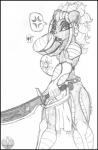 angry armor belt black_border bodily_fluids border ear_piercing female melee_weapon piercing question_mark red_cross solo speech_bubble sweat sword weapon mike_argentum_(artist) kimi_leonin felid lion mammal pantherine hi_res monochrome pictographics sketch