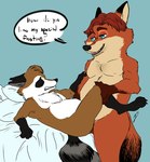 anal anthro bed blue_eyes brown_body dialogue duo furniture male male/male orange_body pillow sex slightly_chubby text white_body gerardson disney zootopia gideon_grey canid canine fox mammal procyonid raccoon red_fox true_fox 2018 english_text