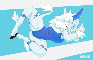 anthro beckoning breasts clothed clothing female fur gesture hair hair_over_eyes hand_on_head hooves horn markings obscured_eyes simple_background smile solo spread_legs spreading suggestive swimwear tail thick_thighs white_body dhalek capcom monster_hunter mythology dragon elder_dragon equid kirin_(mh) mammal mythological_creature mythological_scalie scalie absurd_res digital_media_(artwork) hi_res