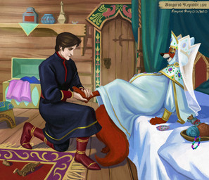 4_fingers anthro ball_of_yarn barefoot bed bedroom biped black_nose boots brown_hair claws clothed clothed_anthro clothed_female clothed_human clothed_male clothing crown detailed_background digitigrade door dress duo eyebrows eyelashes eyes_mostly_closed feet female female_anthro female_on_human finger_claws fingers foot_grab foot_rub footwear fully_clothed fully_clothed_anthro fully_clothed_female fully_clothed_human fully_clothed_male fur furniture hair headdress headgear human_on_anthro humanoid_hands inside interspecies interspecies_pregnancy kneeling leaning leaning_backward male male/female male_human male_on_anthro married_couple medieval narrowed_eyes on_bed on_one_knee open_mouth paws pregnant pregnant_anthro pregnant_female pupils red_body red_fur romantic romantic_couple shadow shoes short_hair sitting smile snout tail tan_body tan_fur text title toe_claws toes yarn sir_paulus disney robin_hood_(disney) fan_character maid_marian pavel_(sir_paulus) canid canine fox human mammal artist_name colored english_text hi_res shaded story story_in_description