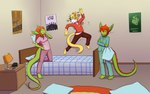 anthro bed bedroom blue_eyes breasts clothed clothing dazed eyes_closed female fur furniture grin group hair lamp male orange_hair pajamas pillow plantigrade pupils red_hair slit_pupils smile tail trio yellow_body yellow_eyes yellow_fur robin_dassen mythology twin_dragons_(webcomic) kai_(twin_dragons) kaya_(twin_dragons) rajak_(rajak) domestic_cat dragon felid feline felis mammal mythological_creature mythological_scalie scalie 2017 absurd_res hi_res