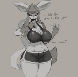 athletic athletic_female athletic_wear big_breasts bottle bottomwear bra breasts clothing container dolphin_shorts female gym_bottomwear gym_shorts key midriff shorts sports_bra thick_thighs underwear water_bottle artform42nd nintendo pokemon eeveelution generation_4_pokemon glaceon pokemon_(species)