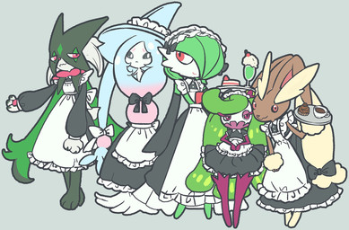 3_fingers 3_toes ambiguous_gender anthro blue_body brown_body brown_ears brown_fur clothing feet fingers flower_(anatomy) fur green_body green_fur group maid_uniform mask pawpads paws pink_body pink_eyes purple_body purple_eyes red_eyes toes uniform white_body gumoonjoo nintendo pokemon gardevoir generation_3_pokemon generation_4_pokemon generation_7_pokemon generation_8_pokemon generation_9_pokemon hatterene lopunny meowscarada pokemon_(species) tsareena 2026 hi_res