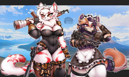 absolute_territory accessory ak-47 ak_platform anthro assault_rifle bag bottomwear breasts bulletproof_vest camo camo_bottomwear camo_clothing camo_print cleavage clothed clothing duo female fluffy fluffy_tail fur furgonomics gesture gun hair handgun holding_object holding_ranged_weapon holding_weapon legwear leotard maid_uniform male male/female pattern_bottomwear pattern_clothing pistol ranged_weapon rifle salute simple_background skirt smile tactical_gear tail tail_accessory tail_bag thick_thighs thigh_highs topwear transparent_background tuft uniform weapon white_body white_fur wide_hips tasticstarlight felid feline felis mammal pantherine siberian_tiger tiger 5:3 alpha_channel hi_res