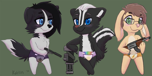 ak-47 ak_platform anthro assault_rifle biped black_body black_fur black_hair black_nose bodily_fluids clothed clothing diaper eyebrows eyelashes eyewear floppy_ears front_view fur gatling_gun genital_fluids glasses group gun hair handgun happy looking_at_viewer machine_gun markings minigun pawpads pink_nose pistol ranged_weapon rifle simple_background smile standing striped_markings striped_tail stripes tail tail_markings tan_body tan_fur unclean_diaper urine used_diaper weapon wearing_diaper wet_diaper wetting white_body white_fur white_hair katlin pixile_studios super_animal_royale katlin_perkins border_collie canid canine canis collie domestic_dog herding_dog lagomorph leporid mammal mephitid pastoral_dog rabbit sheepdog skunk striped_skunk super_border_collie_(sar) super_bunny_(sar) super_dog_(sar) super_lop_bunny_(sar) super_skunk_(sar) 2019 2:1 character_request digital_media_(artwork) signature