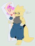 alternate_universe anthro bandage bikini blush clothing dakimakura eyewear female female/female glasses hair looking_at_viewer muscular pink_hair scar solo swimwear text two-piece_swimsuit siqlyprince mew_mew_kissy_cutie underswap undertale undertale_(series) alphys fan_character mew_mew_(undertale) lizard reptile scalie dakimakura_design english_text