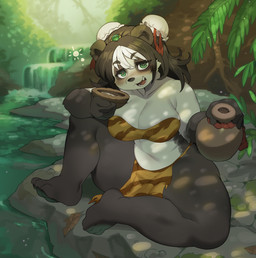 3_toes alcohol anthro barefoot beverage big_breasts black_hair bottomwear breasts claws cleavage clothed clothing curvy_figure drunk feet female hair loincloth outside plantigrade sitting soles solo substance_intoxication thick_thighs toes voluptuous waterfall wide_hips sanjiro blizzard_entertainment warcraft bear mammal pandaren digital_media_(artwork) hi_res shaded