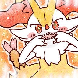 ambiguous_anthro ambiguous_gender anthro biped blush blush_stickers dutch_angle food front_view looking_at_viewer object_in_tail open_mouth open_smile outline sharp_teeth shrimp_(food) simple_background smile solo sparkles sparkling_eyes tail teeth annyui0611 nintendo pokemon braixen canid generation_6_pokemon mammal pokemon_(species) 1:1 2023 bust_portrait digital_drawing_(artwork) digital_media_(artwork) hi_res japanese_description portrait translated_description