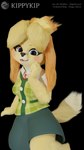 anthro blonde_eyebrows blonde_hair blue_eyes bottomwear clothed clothing eyebrows eyelashes female fluffy fluffy_tail fur furgonomics green_bottomwear green_clothing green_skirt green_uniform hair happy looking_at_viewer monotone_bottomwear monotone_clothing monotone_skirt one_leg_up open_mouth open_smile ponytail raised_leg simple_background skirt smile smiling_at_viewer solo tail tail_through_skirt text transparent_background yellow_body yellow_fur kippykip animal_crossing blender_cycles nintendo isabelle_(animal_crossing) isabelle_(highwizard) canid canine canis domestic_dog mammal 3d_(artwork) 9:16 alpha_channel blender_(artwork) digital_media_(artwork) english_text hi_res