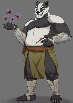 abdominal_scar anthro arm_scar arm_wraps bag barefoot beard biceps bottomwear claws clenched_teeth clothed clothing crazy_eyes curse evil_face evil_grin evil_look facial_hair facial_scar fangs feet flying foot_wraps glistening glistening_eyes grey_eyes grin hand_on_belly hand_wraps head_stripe leg_wraps loincloth looking_at_viewer magic magic_user male male_anthro medieval medieval_clothing navel ominous overweight overweight_male pawpads pecs scar sleep_magic smile solo stinger tail teeth text topless topless_anthro topless_male wraps backcat mythology tales_from_valmeridia melgoth_meles arthropod badger hymenopteran insect mammal mustelid musteline wasp absurd_res hi_res story story_in_description url