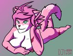 ahoge anime_style anthro big_breasts breast_squish breasts butt female fur gradient_background green_eyes hair holding_head lying nipples nude on_front pink_body pink_fur raised_leg simple_background solo squish tail djtron canid canine fox mammal