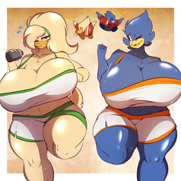 ambiguous_gender anthro big_breasts bodily_fluids breasts clothing exercise female group huge_breasts sweat whistle_(object) gin-blade busty_bird anatid anseriform avian bird corvid corvus_(genus) crow duck oscine passerine 1:1 absurd_res hi_res