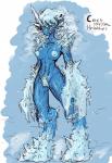 abstract_background areola blue_body blue_eyes blue_skin breasts claws digitigrade erect_nipples female horn macro nipples not_furry pubes simple_background solo standing text thetenk humanoid hybrid english_text