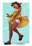 anthro arzdin blush clothed clothing deer diaper dress embarrassed female mammal naomi_(arzdin) solo surprised_expression upskirt wardrobe_malfunction wearing_diaper wind wind_lift