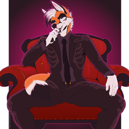 anthro armchair belt black_body black_fur black_hair black_necktie black_pawpads blue_eyes border bulge chair cheek_tuft claws clothing collared_shirt detailed_bulge dipstick_tail dress_shirt erection facial_tuft fur furniture genitals gradient_background grey_dress_shirt hair highlights_(coloring) looking_at_viewer male markings narrowed_eyes neck_tuft necktie orange_body orange_fur pawpads penis pink_hair pink_highlights shirt simple_background sitting solo suit suit_jacket suit_pants tail tail_markings thinking_pose topwear tuft whisker_spots white_body white_border white_fur white_hair bambii_dog tuscon_(rycee) canid canine fox mammal 1:1 2020 absurd_res flat_colors hi_res signature