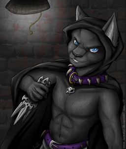 abs anthro athletic athletic_anthro athletic_male belt black_body black_fur black_nose blue_eyes bone cloak clothing collar dagger detailed_background fingers fur lamp looking_at_viewer male melee_weapon skull smile solo weapon whiskers jackaloo warriors_(book_series) scourge_(warriors) domestic_cat felid feline felis mammal half-length_portrait portrait signature