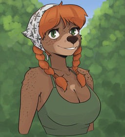 anthro bonnet braided_pigtails breasts cleavage clothed clothing dark_nose eyelashes female freckled_arms freckled_face freckled_shoulders freckles green_eyes hair headgear headwear long_eyelashes orange_hair shirt smile snout solo tank_top tied_hair topwear katahdin kat_(katahdin) bear mammal half-length_portrait hi_res portrait