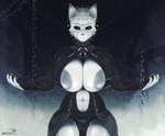 anthro areola areola_slip big_breasts breasts chain cleavage cleavage_cutout clothed clothing cosplay cutout female huge_breasts leather midriff solo wide_hips galacticmichi hellraiser katrina_fowler pinhead domestic_cat felid feline felis mammal 2022