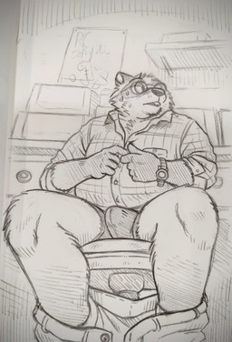 anthro bodily_fluids bottomwear bottomwear_down bulge clock clothed clothing erection erection_under_clothing eyewear glasses humanoid_hands looking_aside male overweight overweight_male pants pants_down partially_clothed shirt sitting solo sweat tenting topwear underwear watch wristwatch rayfkm mammal procyonid raccoon 2022 hi_res