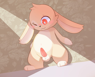 3_fingers 3_toes balls big_ears big_eyes blush feet feral fingers fur genitals heart_symbol light male mouth_closed navel one_eye_closed penis rabbit_ears red_eyes simple_background solo toes yellow_body young young_male blb_233 lagomorph leporid mammal rabbit hi_res