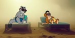 anthro beach clothing desert duo eyewear male male/male pawpads seaside shirtless sunbathing sunglasses swimming_trunks swimwear hubie360 brok_the_investigator cowcat_games graff_filsh ott_(brok_the_investigator) domestic_cat felid feline felis hybrid mammal mustelid otter suid suina warthog