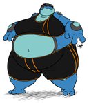 amphibian anthro belly belly_overhang big_belly big_breasts bottomwear breasts clothing eddy_okapi eyewear female frog generation_5_pokemon goggles navel nintendo obese obese_anthro obese_female overweight overweight_anthro overweight_female pokemon pokemon_(species) seismitoad signature simple_background solo thick_thighs toad_(frog) topwear wide_hips