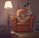 anthro barefoot biped book bottomless carrot chair clothed clothing computer detailed_background digital_media_(artwork) dipstick_ears disney ear_markings electronics enginetrap feet female food fur furniture grey_body grey_fur hi_res holding_book holding_food holding_object inside judy_hopps lagomorph lamp laptop leporid light long_ears mammal multicolored_ears plant purple_eyes rabbit reading reclining shaded shirt solo t-shirt topwear vegetable zootopia