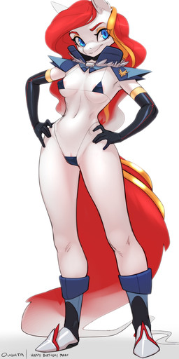 anthro armwear bikini blue_eyes boots breasts cleavage clit_slip clothed clothing crop_top ears_up elbow_gloves eyeshadow female footwear fur genitals gloves hair hands_on_hips handwear happy_birthday head_tilt long_hair long_tail looking_at_viewer makeup medium_breasts pose red_hair red_tail shirt shoes side_boob simple_background solo standing string_bikini swimwear tail text topwear triangle_bikini two-piece_swimsuit under_boob uniform vulva white_background white_body white_fur oughta nesana equid equine mammal absurd_res english_text hi_res