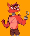 anthro clothing eye_patch eyewear fur hook hook_hand machine male open_mouth orange_background red_body red_face red_hands sharp_teeth simple_background solo teeth scraffyraccoon five_nights_at_freddy's scottgames foxy_(fnaf) animatronic canid canine fox mammal robot 2021 hi_res