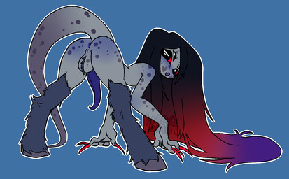 ambiguous_gender anthro anus ass_up backsack balls bent_over big_butt big_penis blue_background blue_body blue_fur butt femboy fur genitals grey_body hair heart_(marking) hooves long_hair long_nails looking_at_viewer looking_back markings multicolored_hair nude outline penis red_eyes simple_background solo spots tail teasing white_outline sillycore zoopsie_(sillycore) alien hi_res watermark