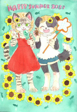 accessory anthro barefoot black_body black_fur blush bottomwear claws clothed clothing dress duo eyes_closed feet female floppy_ears flower fur gesture green_eyes hair hair_accessory hand_gesture happy hat headgear headwear holding_object kemono looking_at_viewer net open_mouth pawpads paws pink_pawpads plant red_clothing red_dress shirt shorts smile standing straw_hat stripes sunflower tail teeth text topwear v_sign white_body white_fur kyokyota ambient_arthropod arthropod canid canine canis domestic_cat domestic_dog felid feline felis herding_dog mammal marine pastoral_dog sheepdog 2021 absurd_res english_text hi_res painting_(artwork) traditional_media_(artwork) watercolor_(artwork)
