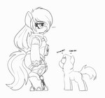 ambiguous_gender armor dialogue duo eyebrows eyelashes female feral hair hooves larger_female quadruped semi-anthro simple_background size_difference smaller_ambiguous tail text white_background pabbley hasbro my_little_pony earth_pony equid equine horse mammal pony 2024 english_text monochrome