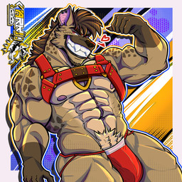 abs anthro areola biceps brown_body brown_hair bulge clothing crotch_tuft deltoids ear_piercing flexing flexing_bicep forearm_muscles hair harness harness_only heart_symbol jockstrap male muscular muscular_anthro muscular_male nipples obliques pecs piercing quads smile smiling_at_viewer solo spots stocky trapezius triceps tuft underwear v-cut arkentian_idiot hyena mammal 1:1 hi_res